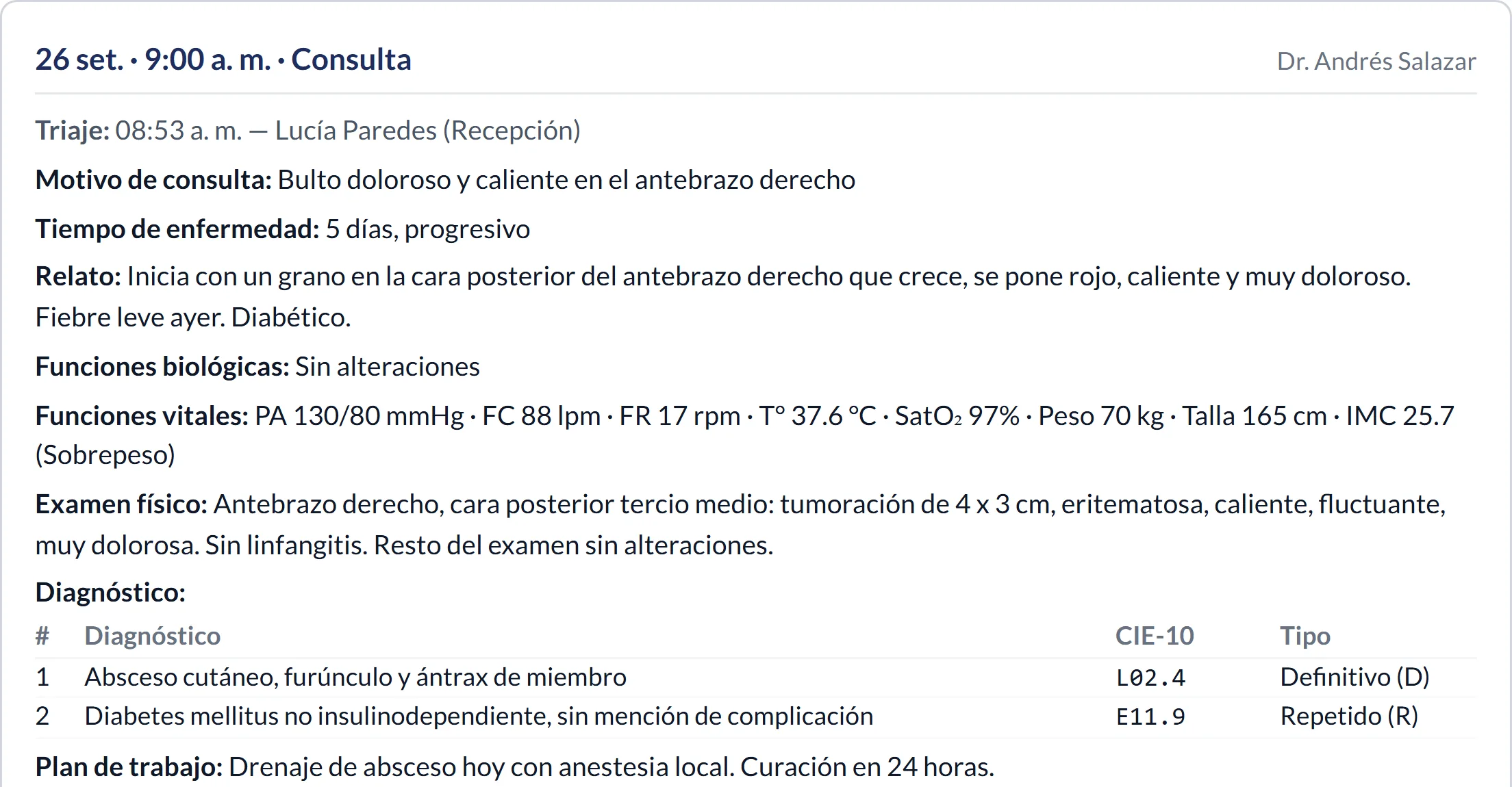 Atención médica en la historia clínica de Sania: triaje, funciones vitales y diagnóstico CIE-10