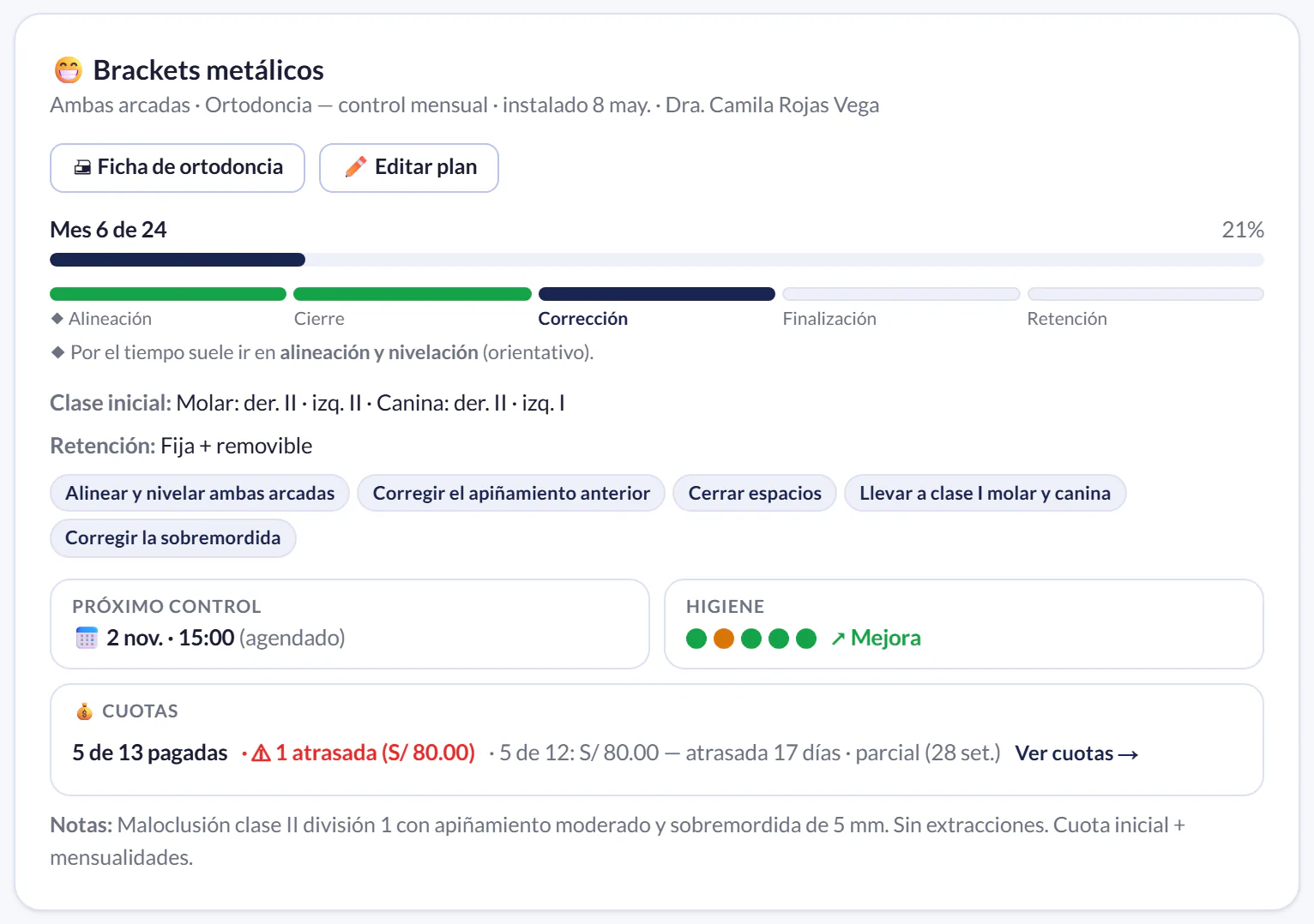 Plan de ortodoncia en Sania: brackets metálicos en el mes 6 de 24, fase de corrección, objetivos, próximo control agendado, higiene y 5 de 13 cuotas pagadas con 1 atrasada
