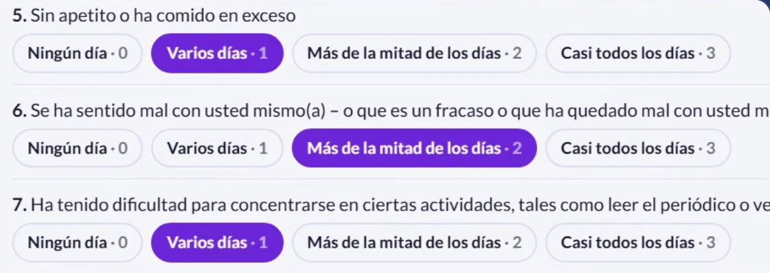 PHQ-9 respondido en Sania: cada ítem con su puntaje, que se suma solo