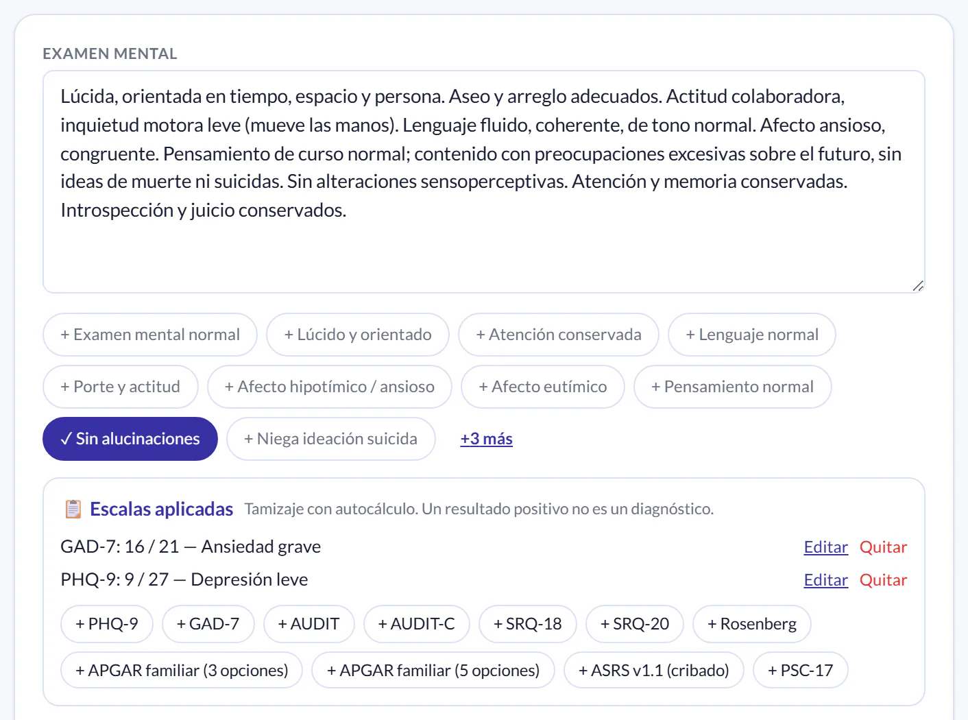 Consulta psiquiátrica guiada en Sania: examen mental y escalas aplicadas, GAD-7 16 de 21 (ansiedad grave) y PHQ-9 9 de 27 (depresión leve), calificadas solas